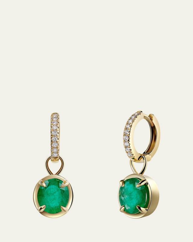 18K Yellow Gold Oval Emerald Huggie Earrings with Diamonds